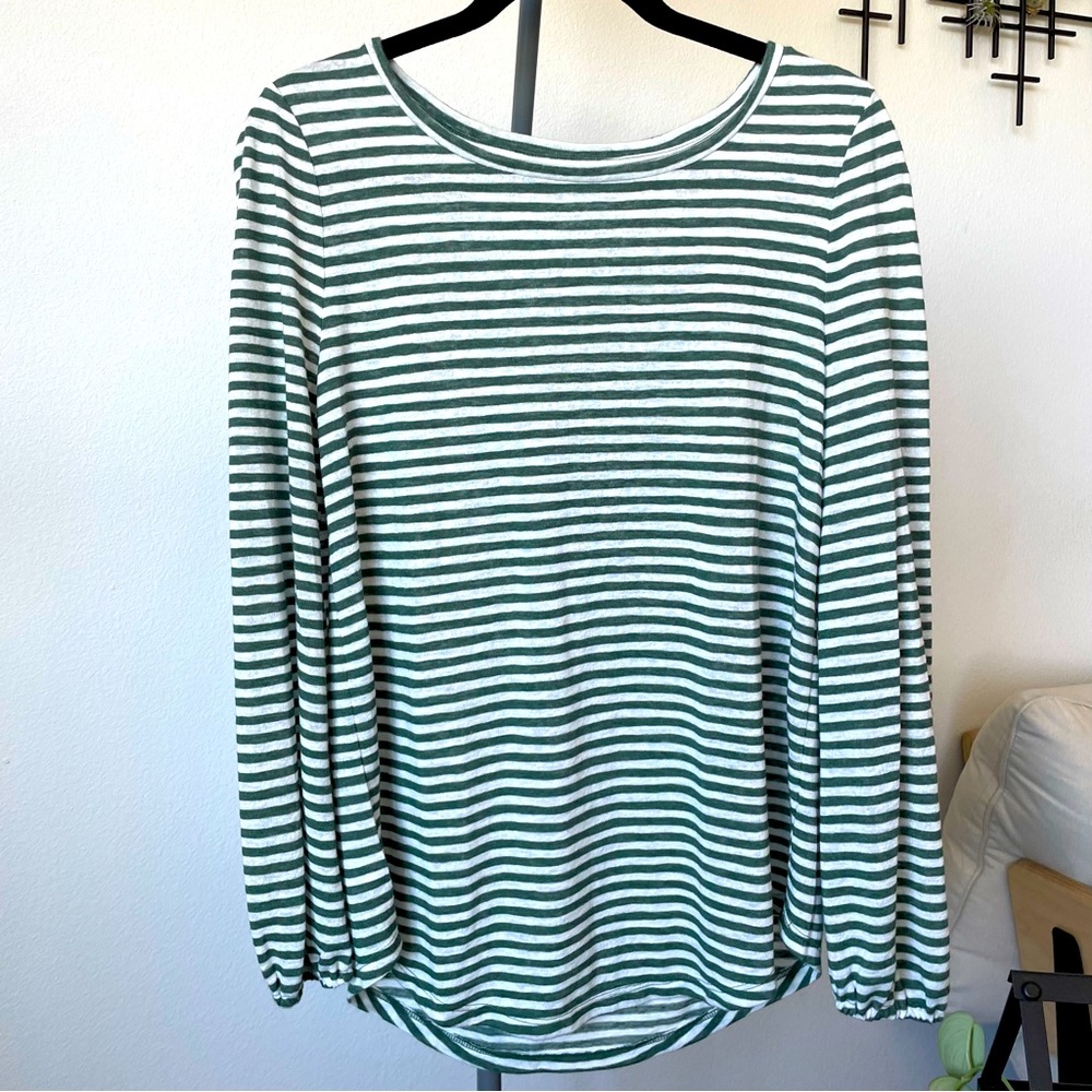 Green and White Striped Long Sleeve Top - M
